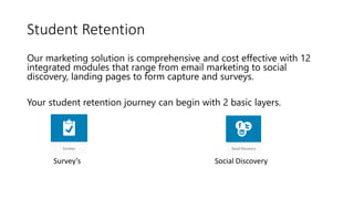 Student Retention
Our marketing solution is comprehensive and cost effective with 12
integrated modules that range from email marketing to social
discovery, landing pages to form capture and surveys.
Your student retention journey can begin with 2 basic layers.
Survey’s Social Discovery
 