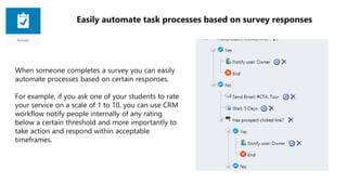 Easily automate task processes based on survey responses
When someone completes a survey you can easily
automate processes based on certain responses.
For example, if you ask one of your students to rate
your service on a scale of 1 to 10, you can use CRM
workflow notify people internally of any rating
below a certain threshold and more importantly to
take action and respond within acceptable
timeframes.
 