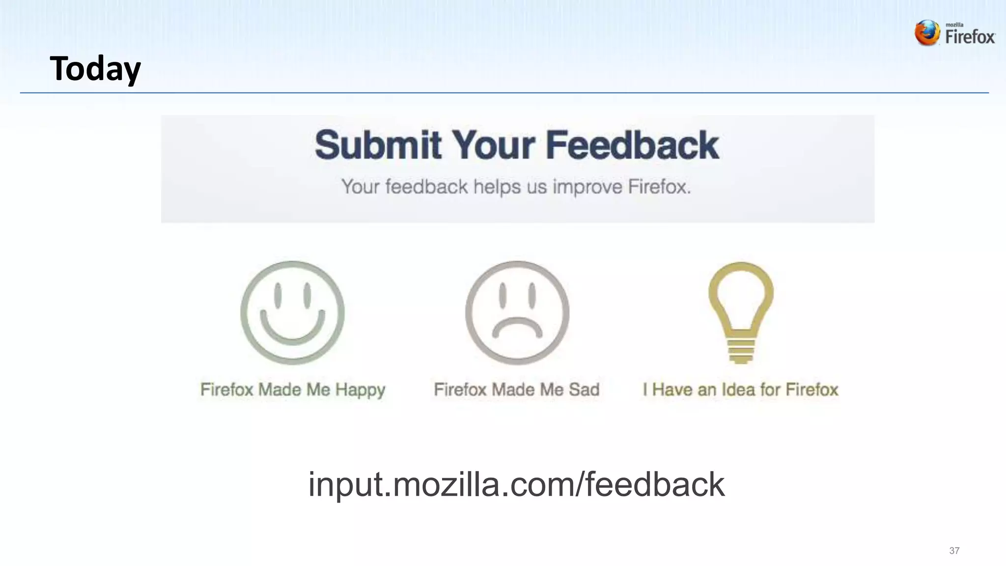 Today




        input.mozilla.com/feedback
                                     37
 