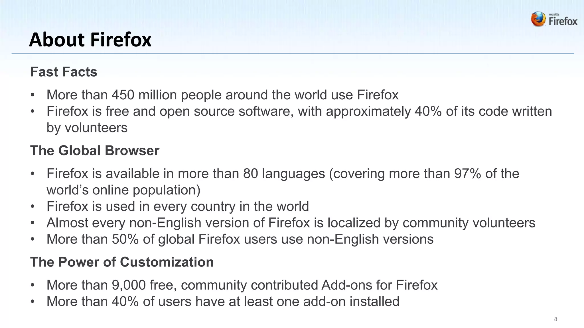 About Firefox
Fast Facts
• More than 450 million people around the world use Firefox
• Firefox is free and open source software, with approximately 40% of its code written
  by volunteers
The Global Browser
• Firefox is available in more than 80 languages (covering more than 97% of the
  world’s online population)
• Firefox is used in every country in the world
• Almost every non-English version of Firefox is localized by community volunteers
• More than 50% of global Firefox users use non-English versions
The Power of Customization
• More than 9,000 free, community contributed Add-ons for Firefox
• More than 40% of users have at least one add-on installed
                                                                                         8
 