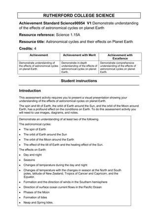 RUTHERFORD COLLEGE SCIENCE
Achievement Standard Science90954 V1:Demonstrate understanding
of the effects of astronomical cycles on planet Earth
Resource reference: Science 1.15A
Resource title: Astronomical cycles and their effects on Planet Earth
Credits: 4
         Achievement                  Achievement with Merit                 Achievement with
                                                                                Excellence
Demonstrate understanding of         Demonstrate in-depth              Demonstrate comprehensive
the effects of astronomical cycles   understanding of the effects of   understanding of the effects of
on planet Earth.                     astronomical cycles on planet     astronomical cycles on planet
                                     Earth.                            Earth.


                                     Student instructions

Introduction
This assessment activity requires you to present a visual presentation showing your
understanding of the effects of astronomical cycles on planet Earth.
The spin and tilt of Earth, the orbit of Earth around the Sun, and the orbit of the Moon around
Earth, has a profound effect on the conditions on Earth. To do this assessment activity you
will need to use images, diagrams, and notes.

Demonstrate an understanding of at least two of the following.
The astronomical cycles:
   The spin of Earth
   The orbit of Earth around the Sun
   The orbit of the Moon around the Earth
   The effect of the tilt of Earth and the heating effect of the Sun.
The effects on Earth:
   Day and night
   Seasons
   Changes of temperature during the day and night
   Changes of temperature with the changes in season at the North and South
   poles, latitude of New Zealand, Tropics of Cancer and Capricorn, and the
   Equator.
   Formation and the direction of winds in the Southern hemisphere
   Direction of surface ocean current flows in the Pacific Ocean
   Phases of the Moon
   Formation of tides
   Neap and Spring tides.
 