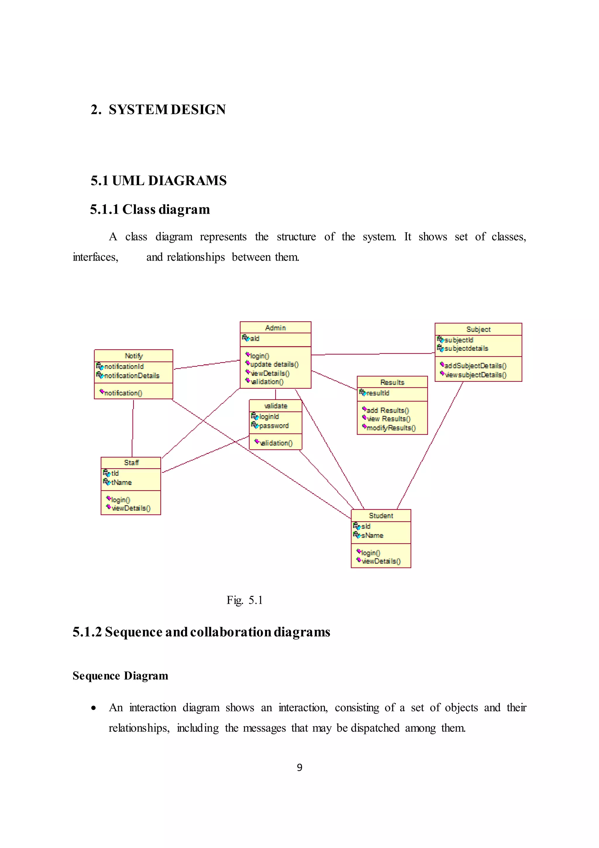 9
2. SYSTEM DESIGN
5.1 UML DIAGRAMS
5.1.1 Class diagram
A class diagram represents the structure of the system. It shows set of classes,
interfaces, and relationships between them.
Fig. 5.1
5.1.2 Sequence andcollaborationdiagrams
Sequence Diagram
 An interaction diagram shows an interaction, consisting of a set of objects and their
relationships, including the messages that may be dispatched among them.
 