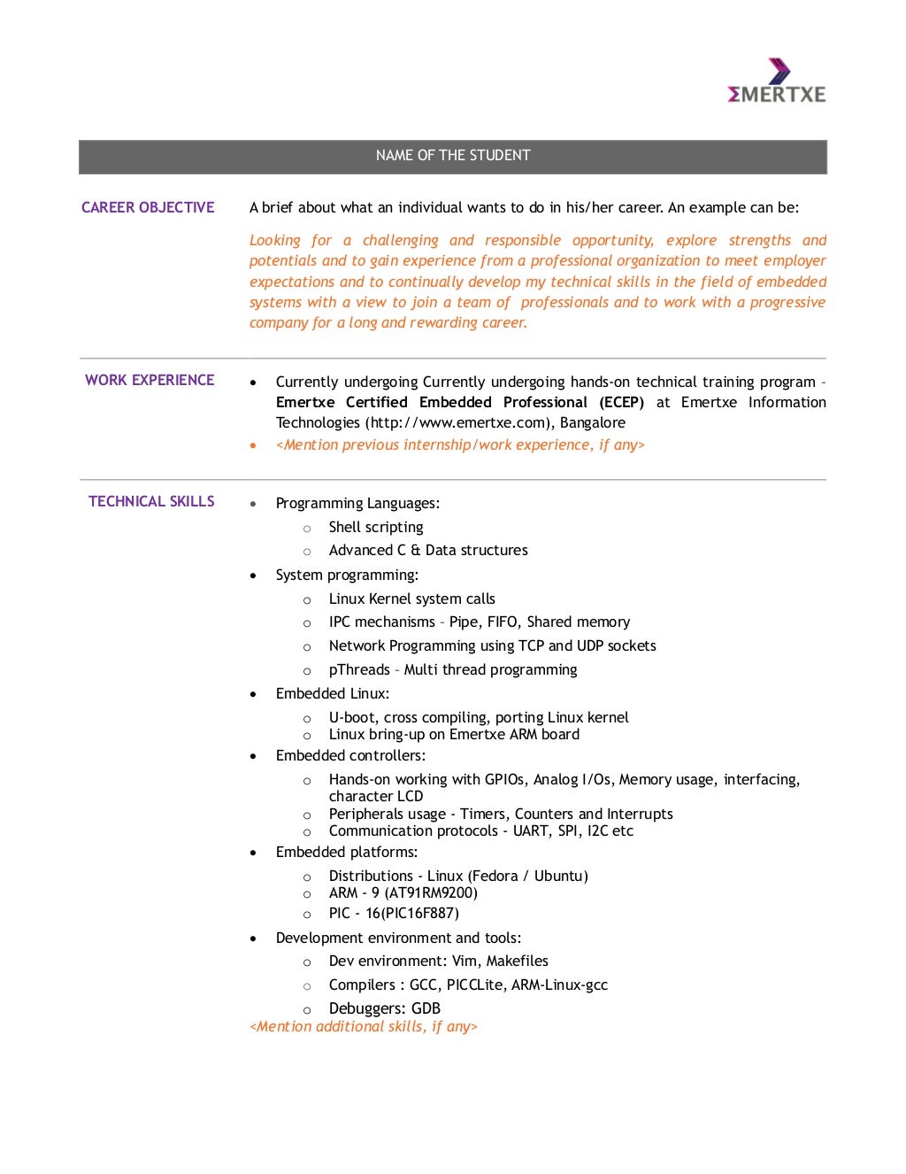Embedded Systems Course Student Resume Template