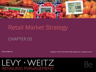 Retailing Management 8e © The McGraw-Hill Companies, All rights reserved. 5 - 1
CHAPTER 2CHAPTER 1CHAPTER 1CHAPTER 5
Retail Market Strategy
CHAPTER 05
McGraw-Hill/Irwin Copyright © 2012 by The McGraw-Hill Companies, Inc. All rights reserved.
 