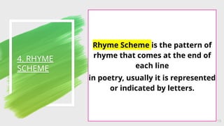 4. RHYME
SCHEME
19
Rhyme Scheme is the pattern of
rhyme that comes at the end of
each line
in poetry, usually it is represented
or indicated by letters.
 
