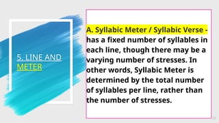 5. LINE AND
METER
26
A. Syllabic Meter / Syllabic Verse -
has a fixed number of syllables in
each line, though there may be a
varying number of stresses. In
other words, Syllabic Meter is
determined by the total number
of syllables per line, rather than
the number of stresses.
 