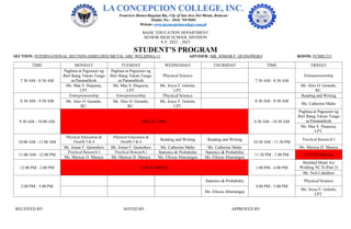 BASIC EDUCATION DEPARTMENT
SENIOR HIGH SCHOOL DIVISION
S.Y. 2022 – 2023
STUDENT’S PROGRAM
SECTION: INTERNATIONAL SECTION (SHIELDED METAL ARC WELDING) 11 ADVISER: MR. JOMAR F. QUINOÑERO ROOM: FCMH 213
TIME MONDAY TUESDAY WEDNESDAY THURSDAY TIME FRIDAY
7:30 AM - 8:30 AM
Pagbasa at Pagsusuri ng
Iba't Ibang Teksto Tungo
sa Pananaliksik
Pagbasa at Pagsusuri ng
Iba't Ibang Teksto Tungo
sa Pananaliksik
Physical Science
7:30 AM - 8:30 AM
Entrepreneurship
Ms. Mae S. Duqueza,
LPT.
Ms. Mae S. Duqueza,
LPT.
Ms. Joyce F. Gelotin,
LPT.
Mr. Alex O. Gerardo,
RC.
8:30 AM - 9:30 AM
Entrepreneurship Entrepreneurship Physical Science
8:30 AM - 9:30 AM
Reading and Writing
Mr. Alex O. Gerardo,
RC.
Mr. Alex O. Gerardo,
RC.
Ms. Joyce F. Gelotin,
LPT.
Ms. Catherine Malto
9:30 AM - 10:00 AM BREAK TIME 9:30 AM - 10:30 AM
Pagbasa at Pagsusuri ng
Iba't Ibang Teksto Tungo
sa Pananaliksik
Ms. Mae S. Duqueza,
LPT.
10:00 AM - 11:00 AM
Physical Education &
Health 3 & 4
Physical Education &
Health 3 & 4
Reading and Writing Reading and Writing
10:30 AM - 11:30 PM
Practical Research I
Mr. Jomar F. Quinoñero Mr. Jomar F. Quinoñero Ms. Catherine Malto Ms. Catherine Malto Ms. Maricar D. Maraya
11:00 AM - 12:00 PM
Practical Research I Practical Research I Statistics & Probability Statistics & Probability
11:30 PM - 1:00 PM LUNCH BREAK
Ms. Maricar D. Maraya Ms. Maricar D. Maraya Ms. Elloiza Abarratigue Ms. Elloiza Abarratigue
12:00 PM - 2:00 PM LUNCH BREAK 1:00 PM - 4:00 PM
Shielded Metal Arc
Welding NC II (Part 2)
Mr. Noli Caballero
2:00 PM - 3:00 PM
Statistics & Probability
4:00 PM - 5:00 PM
Physical Science
Ms. Elloiza Abarratigue
Ms. Joyce F. Gelotin,
LPT.
RECEIVED BY: NOTED BY: APPROVED BY:
 