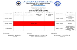 BASIC EDUCATION DEPARTMENT
SENIOR HIGH SCHOOL DIVISION
S.Y. 2022 – 2023
STUDENT’S PROGRAM
1:00 PM - 2:00 PM
Physical Science Physical Science Practical Research I Practical Research I
1:00 PM - 2:00 PM
Physical Science
Mr. John Carlo M. Cerico Mr. John Carlo M. Cerico
Ms. Reina Mae M.
Ruloma
Ms. Reina Mae M.
Ruloma
Mr. John Carlo M. Cerico
2:00 PM - 3:00 PM 2:00 PM - 3:00 PM
Creative
Writing/Malikhaing
Pagsulat
Ms. Catherine Malto
3:00 PM - 3:30 PM BREAK TIME 3:00 PM - 4:00 PM VACANT
3:30 PM -4:30 PM 4:00 PM - 5:00 PM
Pagbasa at Pagsusuri ng
Iba't Ibang Teksto Tungo
sa Pananaliksik
Ms. Noahrica A. Abalos,
LPT.
RECEIVED BY: NOTED BY: APPROVED BY:
MS. ELLOIZA ABARRATIGUE DR. EDWIN LEONCIO L. SAAVEDRA, LPT. MR. FRANCISCO F. MAGPANTAY, JR.
ADVISER SENIOR HIGH SCHOOL PRINCIPAL REGISTRAR
 