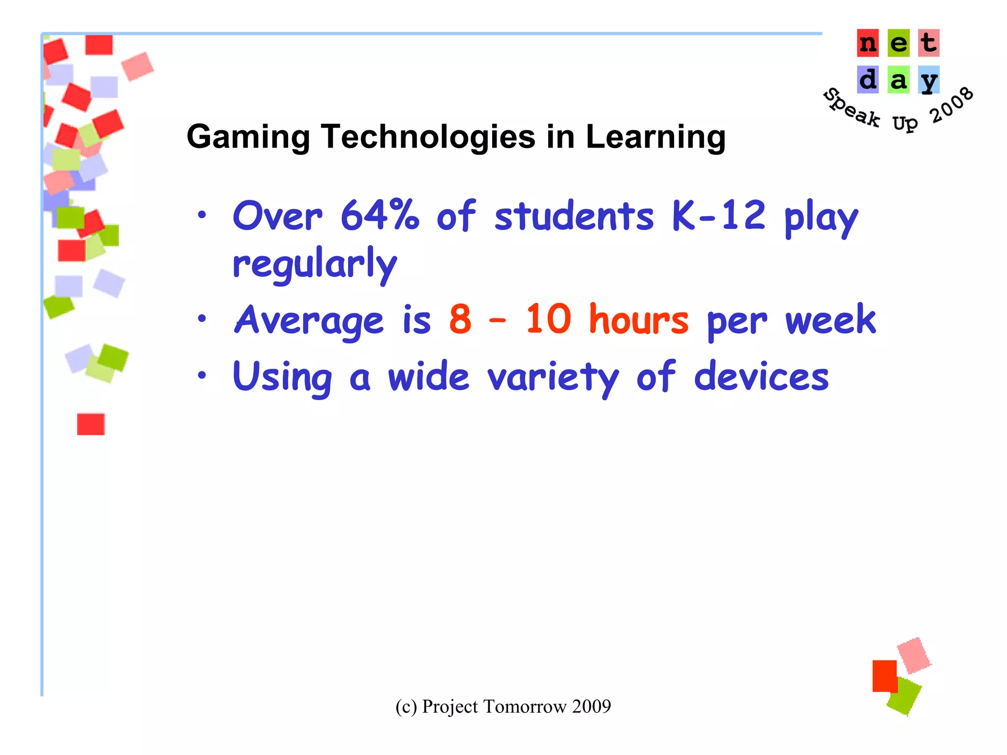 Over 64% of students K-12 play regularly Average is  8 – 10 hours  per week Using a wide variety of devices Gaming Technologies in Learning 