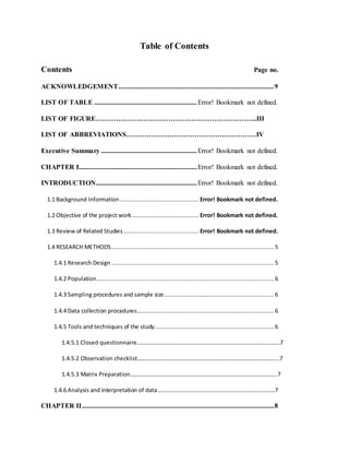 Table of Contents
Contents Page no.
ACKNOWLEDGEMENT...........................................................................................9
LIST OF TABLE ............................................................Error! Bookmark not defined.
LIST OF FIGURE……………………………………………………………..III
LIST OF ABBREVIATIONS…………………………………………………IV
Executive Summary ........................................................Error! Bookmark not defined.
CHAPTER I.....................................................................Error! Bookmark not defined.
INTRODUCTION...........................................................Error! Bookmark not defined.
1.1 Background Information.............................................. Error! Bookmark not defined.
1.2 Objective of the project work....................................... Error! Bookmark not defined.
1.3 Review of Related Studies............................................ Error! Bookmark not defined.
1.4 RESEARCH METHODS............................................................................................... 5
1.4.1 Research Design ............................................................................................... 5
1.4.2 Population........................................................................................................ 6
1.4.3 Sampling procedures and sample size................................................................ 6
1.4.4 Data collection procedures................................................................................ 6
1.4.5 Tools and techniques of the study......................................................................6
1.4.5.1 Closed questionnaire……………………………………………………………………………………….7
1.4.5.2 Observation checklist……………………………………………………………………………………...7
1.4.5.3 Matrix Preparation………………………………………………………………………………………….7
1.4.6 Analysis and interpretation of data……………………………………………………………………….7
CHAPTER II................................................................................................................8
 