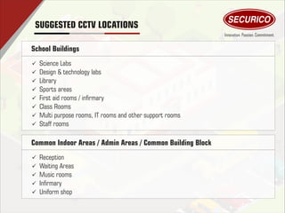 School Buildings
ü Science Labs
ü Design & technology labs
ü Library
ü Sports areas
ü First aid rooms / inrmary
ü Class Rooms
ü Multi purpose rooms, IT rooms and other support rooms
ü Staff rooms
Common Indoor Areas / Admin Areas / Common Building Block
ü Reception
ü Waiting Areas
ü Music rooms
ü Inrmary
ü Uniform shop
SUGGESTED CCTV LOCATIONS
 