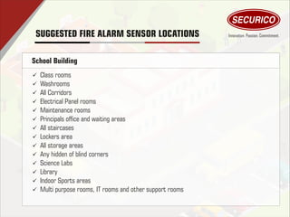 SUGGESTED FIRE ALARM SENSOR LOCATIONS
ü Class rooms
ü Washrooms
ü All Corridors
ü Electrical Panel rooms
ü Maintenance rooms
ü Principals ofce and waiting areas
ü All staircases
ü Lockers area
ü All storage areas
ü Any hidden of blind corners
ü Science Labs
ü Library
ü Indoor Sports areas
ü Multi purpose rooms, IT rooms and other support rooms
School Building
 