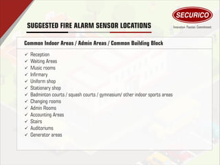 Common Indoor Areas / Admin Areas / Common Building Block
ü Reception
ü Waiting Areas
ü Music rooms
ü Inrmary
ü Uniform shop
ü Stationary shop
ü Badminton courts / squash courts / gymnasium/ other indoor sports areas
ü Changing rooms
ü Admin Rooms
ü Accounting Areas
ü Stairs
ü Auditoriums
ü Generator areas
SUGGESTED FIRE ALARM SENSOR LOCATIONS
 