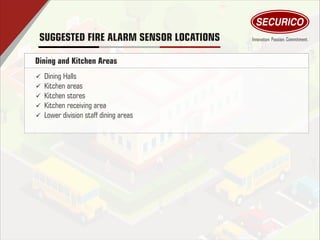 Dining and Kitchen Areas
ü Dining Halls
ü Kitchen areas
ü Kitchen stores
ü Kitchen receiving area
ü Lower division staff dining areas
SUGGESTED FIRE ALARM SENSOR LOCATIONS
 