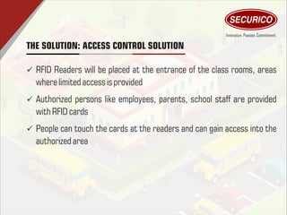 THE SOLUTION: ACCESS CONTROL SOLUTION
ü RFID Readers will be placed at the entrance of the class rooms, areas
wherelimitedaccessisprovided
ü Authorized persons like employees, parents, school staff are provided
withRFIDcards
ü People can touch the cards at the readers and can gain access into the
authorized area
 