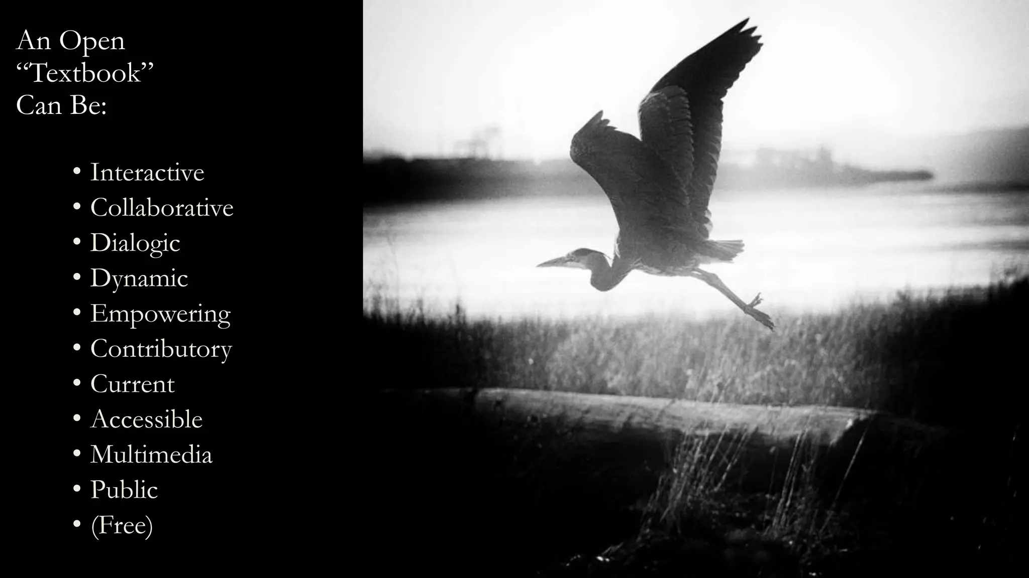 An Open
“Textbook”
Can Be:
• Interactive
• Collaborative
• Dialogic
• Dynamic
• Empowering
• Contributory
• Current
• Accessible
• Multimedia
• Public
• (Free)
 