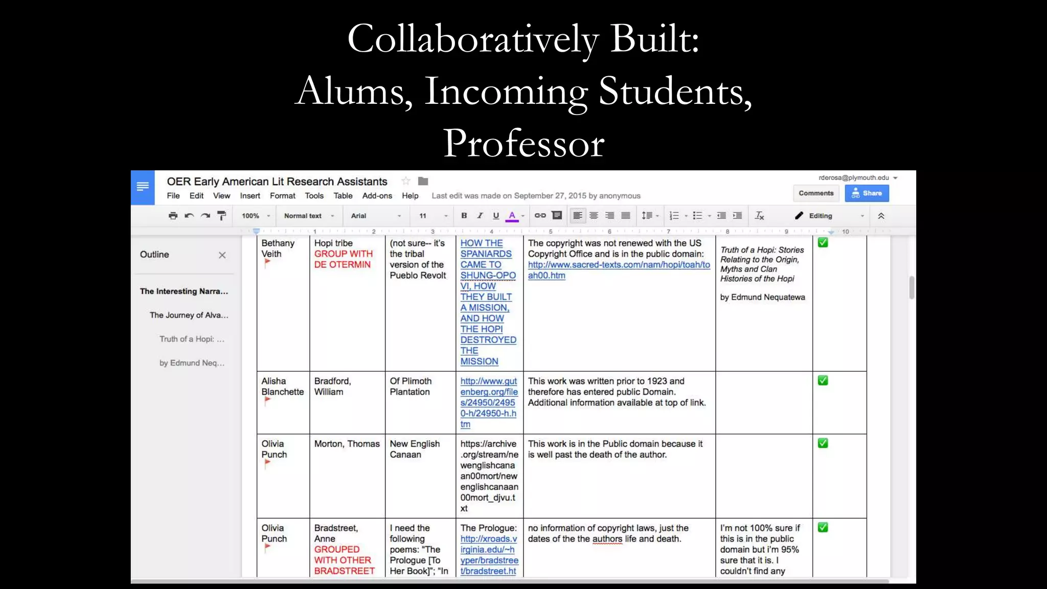 Collaboratively Built:
Alums, Incoming Students,
Professor
 