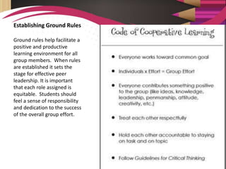 Establishing Ground Rules
Ground rules help facilitate a
positive and productive
learning environment for all
group members. When rules
are established it sets the
stage for effective peer
leadership. It is important
that each role assigned is
equitable. Students should
feel a sense of responsibility
and dedication to the success
of the overall group effort.