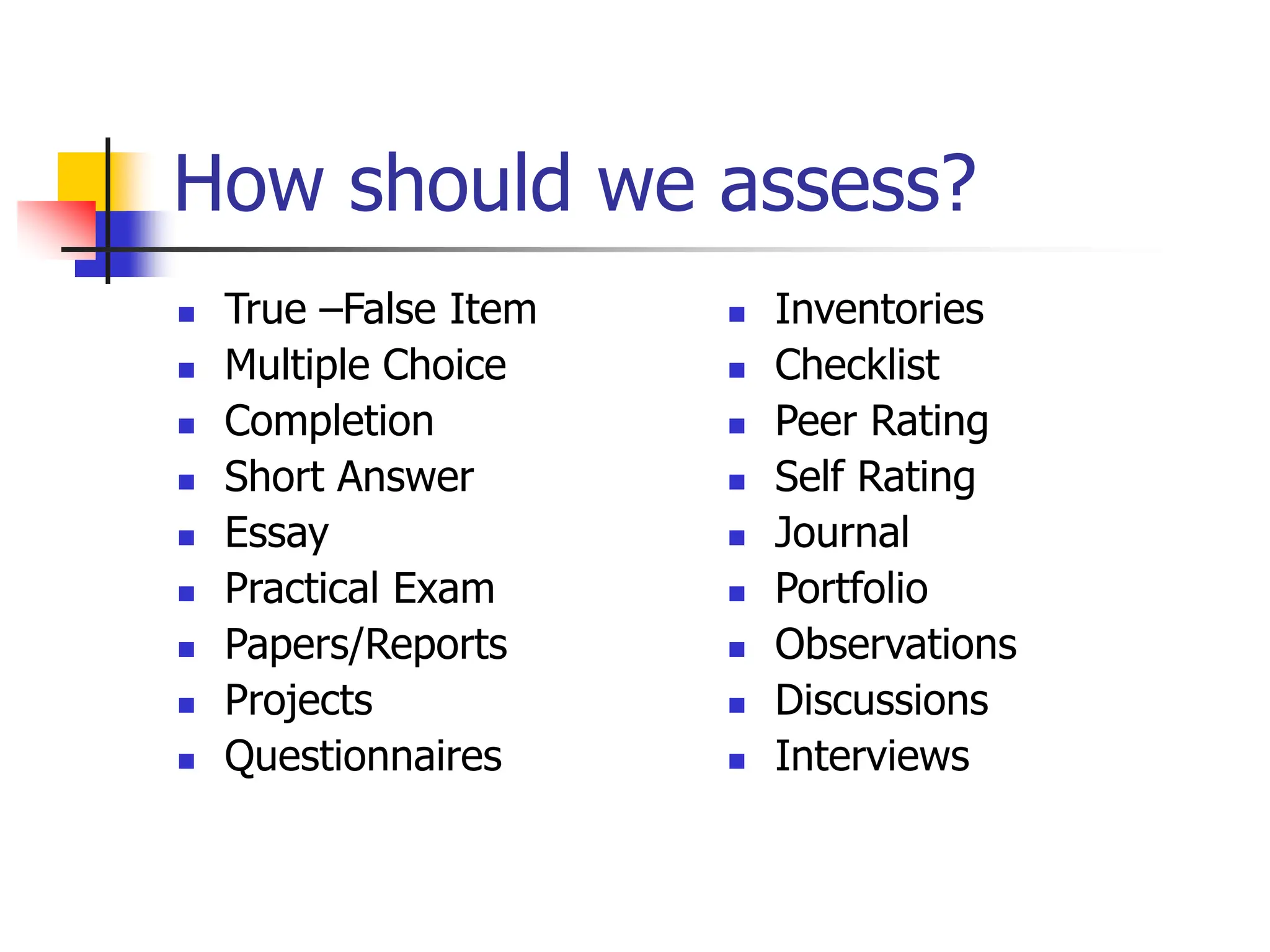 How should we assess?
 True –False Item
 Multiple Choice
 Completion
 Short Answer
 Essay
 Practical Exam
 Papers/Reports
 Projects
 Questionnaires
 Inventories
 Checklist
 Peer Rating
 Self Rating
 Journal
 Portfolio
 Observations
 Discussions
 Interviews
 