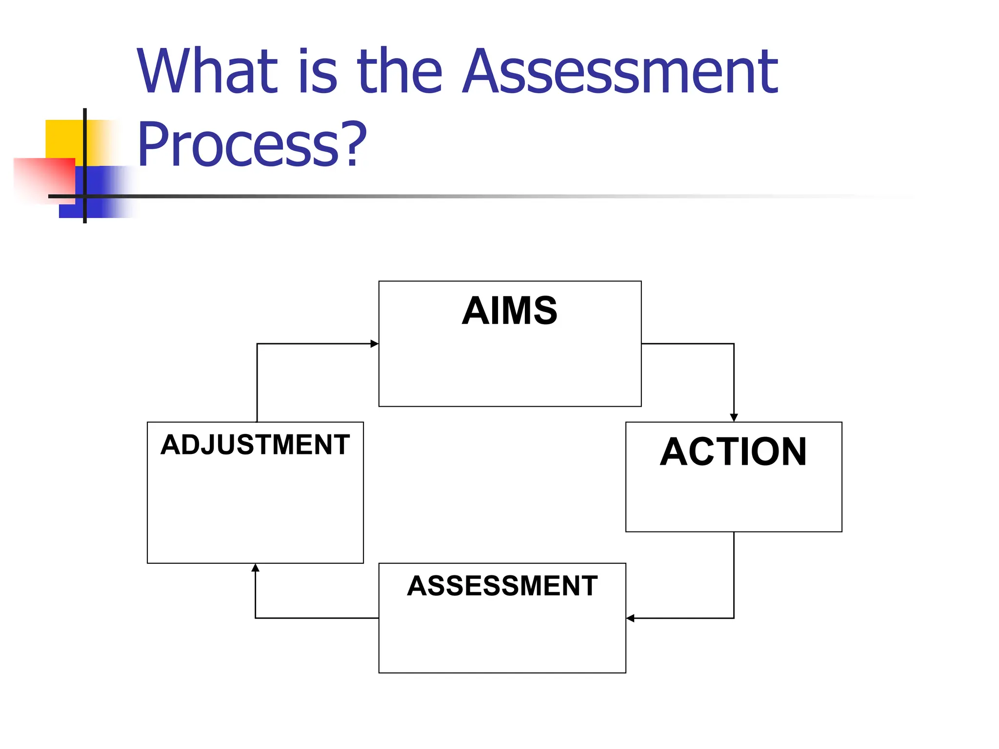 What is the Assessment
Process?
AIMS
ASSESSMENT
ACTION
ADJUSTMENT
 