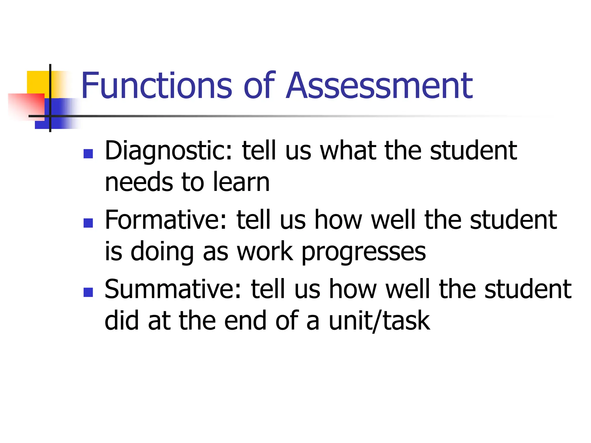Functions of Assessment
 Diagnostic: tell us what the student
needs to learn
 Formative: tell us how well the student
is doing as work progresses
 Summative: tell us how well the student
did at the end of a unit/task
 