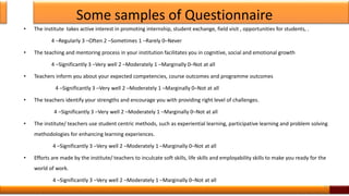 Some samples of Questionnaire
• The institute takes active interest in promoting internship, student exchange, field visit , opportunities for students, .
4 –Regularly 3 –Often 2 –Sometimes 1 –Rarely 0–Never
• The teaching and mentoring process in your institution facilitates you in cognitive, social and emotional growth
4 –Significantly 3 –Very well 2 –Moderately 1 –Marginally 0–Not at all
• Teachers inform you about your expected competencies, course outcomes and programme outcomes
4 –Significantly 3 –Very well 2 –Moderately 1 –Marginally 0–Not at all
• The teachers identify your strengths and encourage you with providing right level of challenges.
4 –Significantly 3 –Very well 2 –Moderately 1 –Marginally 0–Not at all
• The institute/ teachers use student centric methods, such as experiential learning, participative learning and problem solving
methodologies for enhancing learning experiences.
4 –Significantly 3 –Very well 2 –Moderately 1 –Marginally 0–Not at all
• Efforts are made by the institute/ teachers to inculcate soft skills, life skills and employability skills to make you ready for the
world of work.
4 –Significantly 3 –Very well 2 –Moderately 1 –Marginally 0–Not at all
15
 