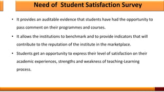 Need of Student Satisfaction Survey
• It provides an auditable evidence that students have had the opportunity to
pass comment on their programmes and courses.
• It allows the institutions to benchmark and to provide indicators that will
contribute to the reputation of the institute in the marketplace.
• Students get an opportunity to express their level of satisfaction on their
academic experiences, strengths and weakness of teaching-Learning
process.
3
 