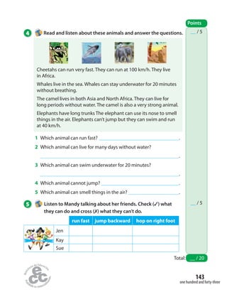 __ / 6
Points
__ / 5
__ / 5
Points
4 Read and listen about these animals and answer the questions.
5 Listen to Mandy talking about her friends. Check (✓) what
they can do and cross (✗) what they can’t do.
Cheetahs can run very fast. They can run at 100 km/h. They live
in Africa.
Whales live in the sea. Whales can stay underwater for 20 minutes
without breathing.
The camel lives in both Asia and North Africa. They can live for
long periods without water. The camel is also a very strong animal.
Elephants have long trunks The elephant can use its nose to smell
things in the air. Elephants can’t jump but they can swim and run
at 40 km/h.
run fast jump backward hop on right foot
Jen
Kay
Sue
Total: __ / 20
one hundred and forty-three
143
1 Which animal can run fast? .
2 Which animal can live for many days without water?
.
3 Which animal can swim underwater for 20 minutes?
.
4 Which animal cannot jump? .
5 Which animal can smell things in the air? .
 
