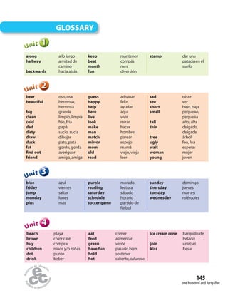 145
GLOSSARY
111UUUUUUnnniiittt
along a lo largo
halfway a mitad de
camino
backwards hacia atrás
keep mantener
beat compás
month mes
fun diversión
stamp dar una
patada en el
suelo
222UUUUUUnnniiittt
bear oso, osa
beautiful hermoso,
hermosa
big grande
clean limpio, limpia
cold frío, fría
dad papá
dirty sucio, sucia
draw dibujar
duck pato, pata
fat gordo, gorda
find out averiguar
friend amigo, amiga
guess adivinar
happy feliz
help ayudar
here aquí
live vivir
look mirar
make hacer
man hombre
match parear
mirror espejo
mom mamá
old viejo, vieja
read leer
sad triste
see ver
short bajo, baja
small pequeño,
pequeña
tall alto, alta
thin delgado,
delgada
tree árbol
ugly feo, fea
wait esperar
woman mujer
young joven
333UUUUUUnnniiittt
blue azul
friday viernes
jump saltar
monday lunes
plus más
purple morado
reading lectura
saturday sábado
schedule horario
soccer game partido de
fútbol
sunday domingo
thursday jueves
tuesday martes
wednesday miércoles
one hundred and forty-five
444UUUUUUnnniiittt
beach playa
brown color café
buy comprar
children niños y/o niñas
dot punto
drink beber
eat comer
feed alimentar
green verde
have fun pasarlo bien
hold sostener
hot caliente, caluroso
ice cream cone barquillo de
helado
join unir(se)
kiss besar
 