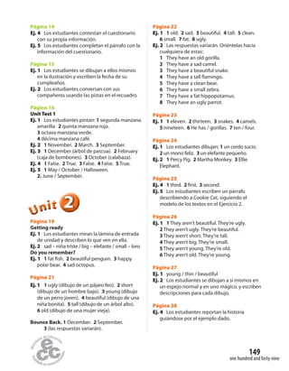 149
one hundred and forty-nine
Página 14
Ej. 4 Los estudiantes contestan el cuestionario
con su propia información.
Ej. 5 Los estudiantes completan el párrafo con la
información del cuestionario.
Página 15
Ej. 1 Los estudiantes se dibujan a ellos mismos
en la ilustración y escriben la fecha de su
cumpleaños.
Ej. 2 Los estudiantes conversan con sus
compañeros usando las pistas en el recuadro.
Página 16
Unit Test 1
Ej. 1 Los estudiantes pintan: 1 segunda manzana
amarilla. 2 quinta manzana roja.
3 octava manzana verde.
4 décima manzana café.
Ej. 2 1 November. 2 March. 3 September.
Ej. 3 1 December (árbol de pascua). 2 February
(caja de bombones). 3 October (calabaza).
Ej. 4 1 False. 2 True. 3 False. 4 False. 5 True.
Ej. 5 1 May / October / Halloween.
2. June / September.
222UUUUUUnnniiittt
Página 19
Getting ready
Ej. 1 Los estudiantes miran la lámina de entrada
de unidad y describen lo que ven en ella.
Ej. 2 sad – niña triste / big – elefante / small – loro
Do you remember?
Ej. 1 1 fat fish. 2 beautiful penguin. 3 happy
polar bear. 4 sad octopus.
Página 21
Ej. 1 1 ugly (dibujo de un pájaro feo). 2 short
(dibujo de un hombre bajo). 3 young (dibujo
de un perro joven). 4 beautiful (dibujo de una
niña bonita). 5 tall (dibujo de un árbol alto).
6 old (dibujo de una mujer vieja).
Bounce Back. 1 December. 2 September.
3 (las respuestas variarán).
Página 22
Ej. 1 1 old. 2 sad. 3 beautiful. 4 tall. 5 clean.
6 small. 7 fat. 8 ugly.
Ej. 2 Las respuestas variarán. Oriéntelas hacia
cualquiera de estas:
1 They have an old gorilla.
2 They have a sad camel.
3 They have a beautiful snake.
4 They have a tall flamingo.
5 They have a clean bear.
6 They have a small zebra.
7 They have a fat hippopotamus.
8 They have an ugly parrot.
Página 23
Ej. 1 1 eleven. 2 thirteen. 3 snakes. 4 camels.
5 nineteen. 6 He has / gorillas. 7 ten / four.
Página 24
Ej. 1 Los estudiantes dibujan: 1 un cerdo sucio.
2 un mono feliz. 3 un elefante pequeño.
Ej. 2 1 Percy Pig. 2 Martha Monkey. 3 Ellie
Elephant.
Página 25
Ej. 4 1 third. 2 first. 3 second.
Ej. 5 Los estudiantes escriben un párrafo
describiendo a Cookie Cat, siguiendo el
modelo de los textos en el Ejercicio 2.
Página 26
Ej. 1 1 They aren’t beautiful. They’re ugly.
2 They aren’t ugly. They’re beautiful.
3 They aren’t short. They’re tall.
4 They aren’t big. They’re small.
5 They aren’t young. They’re old.
6 They aren’t old. They’re young.
Página 27
Ej. 1 young / thin / beautiful
Ej. 2 Los estudiantes se dibujan a sí mismos en
un espejo normal y en uno mágico, y escriben
descripciones para cada dibujo.
Página 28
Ej. 4 Los estudiantes reportan la historia
guiándose por el ejemplo dado.
 