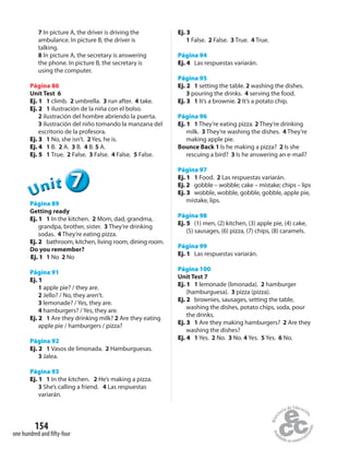 154
one hundred and fifty-four
7 In picture A, the driver is driving the
ambulance. In picture B, the driver is
talking.
8 In picture A, the secretary is answering
the phone. In picture B, the secretary is
using the computer.
Página 86
Unit Test 6
Ej. 1 1 climb. 2 umbrella. 3 run after. 4 take.
Ej. 2 1 ilustración de la niña con el bolso.
2 ilustración del hombre abriendo la puerta.
3 ilustración del niño tomando la manzana del
escritorio de la profesora.
Ej. 3 1 No, she isn’t. 2 Yes, he is.
Ej. 4 1 B. 2 A. 3 B. 4 B. 5 A.
Ej. 5 1 True. 2 False. 3 False. 4 False. 5 False.
777UUUUUUnnniiittt
Página 89
Getting ready
Ej. 1 1 In the kitchen. 2 Mom, dad, grandma,
grandpa, brother, sister. 3 They’re drinking
sodas. 4 They’re eating pizza.
Ej. 2 bathroom, kitchen, living room, dining room.
Do you remember?
Ej. 1 1 No 2 No
Página 91
Ej. 1
1 apple pie? / they are.
2 Jello? / No, they aren’t.
3 lemonade? / Yes, they are.
4 hamburgers? / Yes, they are.
Ej. 2 1 Are they drinking milk? 2 Are they eating
apple pie / hamburgers / pizza?
Página 92
Ej. 2 1 Vasos de limonada. 2 Hamburguesas.
3 Jalea.
Página 93
Ej. 1 1 In the kitchen. 2 He’s making a pizza.
3 She’s calling a friend. 4 Las respuestas
variarán.
Ej. 3
1 False. 2 False. 3 True. 4 True.
Página 94
Ej. 4 Las respuestas variarán.
Página 95
Ej. 2 1 setting the table. 2 washing the dishes.
3 pouring the drinks. 4 serving the food.
Ej. 3 1 It’s a brownie. 2 It’s a potato chip.
Página 96
Ej. 1 1 They’re eating pizza. 2 They’re drinking
milk. 3 They’re washing the dishes. 4 They’re
making apple pie.
Bounce Back 1 Is he making a pizza? 2 Is she
rescuing a bird? 3 Is he answering an e-mail?
Página 97
Ej. 1 1 Food. 2 Las respuestas variarán.
Ej. 2 gobble – wobble; cake – mistake; chips – lips
Ej. 3 wobble, wobble, gobble, gobble, apple pie,
mistake, lips.
Página 98
Ej. 5 (1) men, (2) kitchen, (3) apple pie, (4) cake,
(5) sausages, (6) pizza, (7) chips, (8) caramels.
Página 99
Ej. 1 Las respuestas variarán.
Página 100
Unit Test 7
Ej. 1 1 lemonade (limonada). 2 hamburger
(hamburguesa). 3 pizza (pizza).
Ej. 2 brownies, sausages, setting the table,
washing the dishes, potato chips, soda, pour
the drinks.
Ej. 3 1 Are they making hamburgers? 2 Are they
washing the dishes?
Ej. 4 1 Yes. 2 No. 3 No. 4 Yes. 5 Yes. 6 No.
 