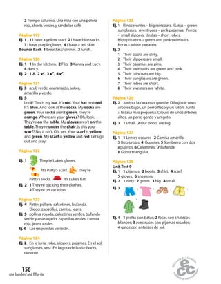 156
one hundred and fifty-six
2 Tiempo caluroso. Una niña con una polera
roja, shorts verdes y sandalias café.
Página 119
Ej. 1 1 I have a yellow scarf 2 I have blue socks.
3 I have purple gloves. 4 I have a red skirt.
Bounce Back 1 breakfast/ dinner. 2 lunch.
Página 120
Ej. 1 1 In the kitchen. 2 Flip. 3 Kenny and Lucy.
4 Nancy.
Ej. 2 1 ✗. 2 ✔. 3 ✔. 4 ✔.
Página 121
Ej. 3 azul, verde, anaranjado, sobre,
amarillo y verde.
Ej. 5
Look! This is my hat. It’s red. Your hat isn’t red.
It’s blue. And look at the socks. My socks are
green. Your socks aren’t green. They’re
orange. Where are your gloves? Oh, look.
They’re on the table. My gloves aren’t on the
table. They’re under the chair. Is this your
scarf? No, it isn’t. Oh, yes. Your scarf is yellow
and green. My scarf is yellow and red. Let’s go
out and play!
Página 122
Ej. 1 They’re Luke’s gloves.
It’s Patty’s scarf. They’re
Patty’s socks. It’s Luke’s hat.
Ej. 2 1 They’re packing their clothes.
2 They’re on vacation.
Página 123
Ej. 4 Patty: pollera, calcetines, bufanda.
Diego: zapatillas, camisa, jeans.
Ej. 5 pollera rosada, calcetines verdes, bufanda
verde y anaranjado, zapatillas azules, camisa
roja, jeans azules.
Ej. 6 Las respuestas variarán.
Página 124
Ej. 2 En la luna: robe, slippers, pajamas. En el sol:
sunglasses, vest. En la gota de lluvia: boots,
raincoat.
Página 125
Ej. 1 Rinocerontes – big raincoats. Gatos – green
sunglasses. Avestruces – pink pajamas. Perros
– small slippers. Jirafas – short robes.
Hipopótamos – green and pink swimsuits.
Focas – white sweaters.
Ej. 2
1 Their boots are dirty.
2 Their slippers are small.
3 Their pajamas are pink.
4 Their swimsuits are green and pink.
5 Their raincoats are big.
6 Their sunglasses are green.
7 Their robes are short.
8 Their sweaters are white.
Página 126
Ej. 2 Junto a la casa más grande: Dibujo de unos
árboles bajos, un perro flaco y un ratón. Junto
a la casa más pequeña: Dibujo de unos árboles
altos, un perro gordo y un gato.
Ej. 3 1 small. 2 Our boots are big.
Página 127
Ej. 1 1 Lentes oscuros 2 Camisa amarilla.
3 Botas rojas. 4 Guantes. 5 Sombrero con dos
agujeros. 6 Calcetines. 7 Bufanda
8 Gorro triangular.
Página 128
Unit Test 9
Ej. 1 1 pijamas. 2 boots. 3 shirt. 4 scarf.
5 gloves. 6 sneakers.
Ej. 2 1 dirty. 2 green. 3 big. 4 small.
Ej. 3 , , , ,
,
Ej. 4 1 jirafas con batas; 2 focas con chalecos
blancos; 3 avestruces con pijamas rosados;
4 gatos con anteojos de sol.
 