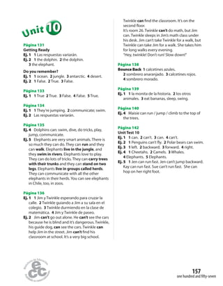 157
one hundred and fifty-seven
101010101010101010UUUUUUnnniiittt
Página 131
Getting Ready
Ej. 1 1 Las respuestas variarán.
Ej. 2 1 the dolphin. 2 the dolphin.
3 the elephant.
Do you remember?
Ej. 1 1 ocean. 2 jungle. 3 antarctic. 4 desert.
Ej. 2 1 False. 2 True. 3 False.
Página 133
Ej. 1 1 True 2 True. 3 False. 4 False. 5 True.
Página 134
Ej. 1 1 They’re jumping. 2 communicate; swim.
Ej. 2 Las respuestas variarán.
Página 135
Ej. 4 Dolphins can: swim, dive, do tricks, play,
jump, communicate.
Ej. 5 Elephants are very smart animals. There is
so much they can do. They can run and they
can walk. Elephants live in the jungle, and
they swim in rivers. Elephants love to play.
They can do lots of tricks. They can carry trees
with their trunks and they can stand on two
legs. Elephants live in groups called herds.
They can communicate with all the other
elephants in their herds. You can see elephants
in Chile, too, in zoos.
Página 136
Ej. 1 1 Jim y Twinkle esperando para cruzar la
calle. 2 Twinkle guiando a Jim a su sala en el
colegio. 3 Twinkle durmiendo en la clase de
matemática. 4 Jim y Twinkle de paseo.
Ej. 2 Jim can’t go out alone. He can’t see the cars
because he is blind and it’s dangerous. Twinkle,
his guide dog, can see the cars. Twinkle can
help Jim in the street. Jim can’t find his
classroom at school. It’s a very big school.
Twinkle can find the classroom. It’s on the
second floor.
It’s room 26. Twinkle can’t do math, but Jim
can. Twinkle sleeps in Jim’s math class under
his desk. Jim can’t take Twinkle for a walk, but
Twinkle can take Jim for a walk. She takes him
for long walks every evening.
“Hey, twinkle! Don’t run! Slow down!”
Página 138
Bounce Back 1 calcetines azules.
2 sombrero anaranjado. 3 calcetines rojos.
4 sombrero morado.
Página 139
Ej. 1 1 la monita de la historia. 2 los otros
animales. 3 eat bananas, sleep, swing.
Página 140
Ej. 4 Maisie can run / jump / climb to the top of
the trees.
Página 142
Unit Test 10
Ej. 1 1 can. 2 can’t. 3 can. 4 can’t.
Ej. 2 1 Penguins can’t fly. 2 Polar bears can swim.
Ej. 3 1 left. 2 backward. 3 forward. 4 right.
Ej. 4 1 Cheetahs. 2 Camels. 3 Whales.
4 Elephants. 5 Elephants.
Ej. 5 1 Jen can run fast. Jen can’t jump backward.
Kay can run fast. Sue can’t run fast. She can
hop on her right foot.
 