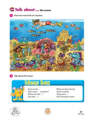 the ocean
Point to the …
How many … are there?
Where are the …?
Are they …?
What are they doing?
They’re eating.
They aren’t …
He’s kissing his mom.
1 Draw two more fish on vacation.
2 Talk about the ocean.
fifty-seven
57
Homew
ork Book p
age23
Ideas box
 