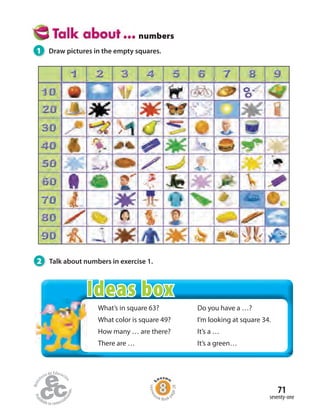 What’s in square 63?
What color is square 49?
How many … are there?
There are …
Do you have a …?
I’m looking at square 34.
It’s a …
It’s a green…
numbers
1 Draw pictures in the empty squares.
2 Talk about numbers in exercise 1.
seventy-one
71
Homew
ork Book p
age28
Ideas box
 