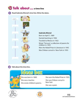 113
one hundred and thirteen
a time line
1 Read Gabriela Mistral’s time line. Write the dates.
2 Talk about the time line.
Gabriela Mistral
Born on April 7, 1889
Started teaching in 1904
Traveled to Mexico in 1922
Wrote“Ternura”, a collection of poems for
children in 1925
Won the Nobel Prize in Literature in 1945
Was Chilean consul in New York in 1953
1889
She was born in 1889.
She was a teacher.
She wrote children’s poems.
She won the Nobel Prize in 1925.
She was Chilean consul in
New York
She was a poet.
Homew
ork Book p
age46
She was born in 1889.
She was a teacher.
She wrote children’s poems.
Ideas box
 