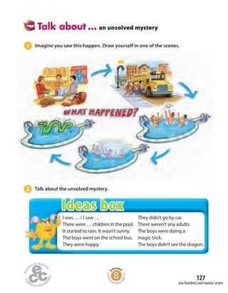 127
an unsolved mystery
1 Imagine you saw this happen. Draw yourself in one of the scenes.
2 Talk about the unsolved mystery.
I was … / I saw …
There were … children in the pool.
It started to rain. It wasn’t sunny.
The boys went on the school bus.
They were happy.
They didn’t go by car.
There weren’t any adults.
The boys were doing a
magic trick.
The boys didn’t see the dragon.
Homew
ork Book p
age52
one hundred and twenty-seven
Ideas box
 