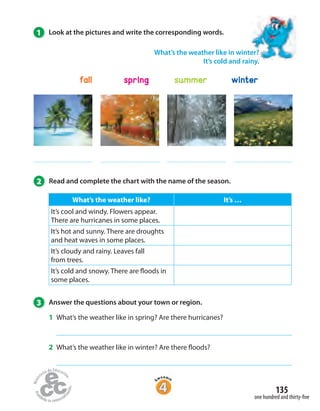 135
one hundred and thirty-five
1 Look at the pictures and write the corresponding words.
2 Read and complete the chart with the name of the season.
What’s the weather like in winter?
It’s cold and rainy.
What’s the weather like? It’s …
It’s cool and windy. Flowers appear.
There are hurricanes in some places.
It’s hot and sunny. There are droughts
and heat waves in some places.
It’s cloudy and rainy. Leaves fall
from trees.
It’s cold and snowy. There are floods in
some places.
3 Answer the questions about your town or region.
1 What’s the weather like in spring? Are there hurricanes?
2 What’s the weather like in winter? Are there floods?
fall spring summer winter
 