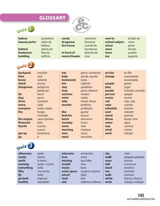 145
one hundred and fourty-five
GLOSSARY
111UUUUUUnnniiittt
bakery panadería
beauty parlor salon de
belleza
behind detrás de
bookstore librería
building edificio
candy caramelo
drugstore farmacia
fire house cuartel de
bomberos
in front of delante de
movie theater cine
next to al lado de
school subject ramo
shout gritar
store tienda
town pueblo
toy juguete
222UUUUUUnnniiittt
backpack mochila
blue azul
brave valiente
check revisar
dangerous peligroso,
peligrosa
do hacer
dog perro
drive conducir
every cada
everyone todos, todas
fire fuego,
incendio
fire engine carro bomba
firewood leña
fourth cuarto,
cuarta
get up levantarse
go ir
hat gorro, sombrero
help ayuda, ayudar
homework tarea
hot caliente
stay quedarse
stop parar, detener
summer verano
swim nadar
take tomar, llevar
teacher profesor,
profesora
like gustar
look for buscar
lunch almuerzo
monday lunes
more más
morning mañana
near cerca
need necesitar
on line en fila
orange anaranjado,
anaranjada
people gente
play jugar
purple morado, morada
put out apagar
recess recreo
red rojo, roja
rope cuerda
schedule horario
sock calcetín
stand pararse
throw lanzar, tirar
water agua
way camino
wind viento
work trabajo
333UUUUUUnnniiittt
afternoon tarde
candy dulces
earth la tierra
evening tarde / noche
everything todo
fifty cincuenta
fly volar
go back regresar
healthy saludable
interview entrevista
love amar
missing que falta
month mes
moon luna
outer space espacio exterior
pencil lápiz
read leer
sick enfermo,enferma
sky cielo
small pequeño,pequeña
soon pronto
talk conversar
teach enseñar
too también
walk caminar
white blanco, blanca
work trabajo, trabajar
 