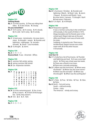 156
one hundred and fifty-six
101010101010101010UUUUUUnnniiittt
Página 131
Getting Ready
Ex. 1 1. In the country. 2. They are riding their
bikes. 3. To the clouds. 4. Cloudy.
Do you remember?
Ex. 1 1. It’s sunny. 2. It’s snowy. 3. It’s cloudy.
4. It’s cold. 5. It’s rainy. 6. It’s windy.
Página 133
Ex. 1 1. heat wave - termómetro 2. snow storm -
nieve. 3. drought – sequía 4. thunder and
lightning – relámpago. 5. tornado -
tornado. 6. flood – casa inundada.
Ex. 2 1. drought. 2. storm.
Página 134
Ex. 2 2 – 4 – 1 – 3
Bounce Back 1 saw. 2 started. 3 flew.
Página 135
Ex. 1 summer, fall, winter, spring.
Ex. 2 spring; summer; fall; winter
Ex. 3 Las respuestas variarán.
Página 136
Ex. 1 f o g g y s c h d y
z k h e s y e h h d
y n n u s n r g m u
l i g h t n i n g o
r a i n y b x d f l
s n o w y u b b p c
n i y d n i w z y l
e a e r x y p n j p
Página 137
Ex. 4 1. In the swimming pool. 2. Yes, it was.
3. No, it wasn’t. 4. In front of the burger
bar. 5. No, they weren’t.
Ex. 5 1. B. 2. B. 3. A. 4. B.
Página 138
Ex. 1 4 – 3 – 1 – 2
Página 139
Ex. 4 1. hurricane / October. 2. thunder and
lightning / March. 3. flood / July. 4. storm
/ August. 5. storms and floods / June.
6. snow storm / January. 7. drought / April.
8. heat wave / February.
Ex. 5 1. In April. 2. In Ethiopia.
Página 140
Ex. 2 Respuesta sugerida:
It was a normal, sunny day in the small town
of Ensenada, in the south of Chile in 1973.
Diego González and his friends were in the
school yard. Diego’s dad was at the post
office and Diego’s mom was at home with
his sister.
Suddenly, it started to rain. There was a
terrible flood. Diego’s houses was under
water with all of the other houses
in Ensenada.
Página 142
Unit Test 10
Ex. 1 1. Cuba has a lot of hurricanes. 2. Thunder
and lightning are loud. 3. It was a very bad
storm. 4. There was a heat wave last week.
5. There was a flood in our town.
6 There was a tornado yesterday.
Ex. 2 1. When was the hurricane? 2. Where were
the floods? 3. Where was the snow storm?
4 .When was the tornado? 5. Where was
the drought? 6. When was the earthquake?
Página 143
Ex. 3 1. False. 2. True. 3. False. 4. True. 5. False.
6. False.
Ex. 4 North – hot and sunny.
South – cold and windy.
Center – rainy.
The Antarctic - windy and snowy.
 