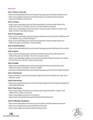 158
one hundred and fifty-eight
Web Sites
Unit 1: Places in the city
• http://learnenglishkids.britishcouncil.org/en/language-games/hangman/places-town
• http://www.eslgamesworld.com/members/games/vocabulary/memoryaudio/
directions%20places/index.html
Unit 2: Actions
• http://www.cambridge.org/us/esl/venturesadulted/ venturesarcade/index.html
(Follow this path: Go to Book 2 Q Unit 2, At School, Want and need)
• http://www.cambridge.org/elt/connect2e/ connectarcade/ (Follow this path: Go to
Book 2 Q Unit 2, Our daily routines)
Unit 3: Occupations
• http://www2.cambridge.org/interchangearcade/launch.do?activityID=407&level=0&
unit=8&type=Cup_hangman&stage=1
• http://www.cambridge.org/us/esl/venturesadulted/ venturesarcade/index.html
(Follow this path: Go to Book 1 Q Unit 8, Work)
Unit 4: Animal Actions
• http://learnenglishkids.britishcouncil.org/en/language-games/wordsearch/zoo-animals
Unit 5: Sports
• http://www.cambridge.org/us/esl/venturesadulted/venturesarcade/index.html
(Follow this path: Go to Book 1 Q Unit 10, Leisure, Sports)
• http://www.cambridge.org/elt/connect2e/connectarcade/ (Follow this path: Go to Book 1
Q Unit 8,Teen time / Q Unit 3, Sports and activities)
Unit 6: Health
• http://www.cambridge.org/us/esl/venturesadulted/venturesarcade/index.html
(Follow this path: Go to Book 1 Q Unit 4, Health)
• http://learnenglishkids.britishcouncil.org/en/language-games/find-the-definition/teeth
Unit 7: Past Events
• http://www.bbc.co.uk/schools/starship/english/index.shtml (Follow this path: Go to
Blast the rocket)
Unit 8: Past Events
• http://www.eslgamesworld.com/members/games/grammar/perfectpast/irregular%20
past%20spelling.html
Unit 9: Past Events
• http://www.eslgamesworld.com/members/games/grammar/New_Snakes_%20
Ladders/Past_simple_tense.html
• http://www.eslgamesworld.com/members/
games/grammar/perfectpast/past%20simple%20 betting.html
Unit 10: Weather Conditions
• http://www.eslkidslab.com/lessons/course3/videos/weatherclothes/index.html
• http://www.anglomaniacy.pl/weatherPictureTest.htm
• http://www.anglomaniacy.pl/weatherWordsearch.htm
 