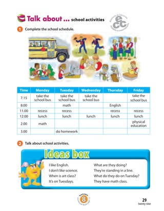 29
twenty-nine
Time Monday Tuesday Wednesday Thursday Friday
7.15
take the
school bus
take the
school bus
take the
school bus
take the
school bus
8.00 math English
11.00 recess recess recess recess
12.00 lunch lunch lunch lunch lunch
2.00 math
physical
education
3.00 do homework
1 Complete the school schedule.
2 Talk about school activities.
school activities
Homew
ork Book p
age13
I like English.
I don’t like science.
When is art class?
It’s on Tuesdays.
What are they doing?
They’re standing in a line.
What do they do on Tuesday?
They have math class.
Ideas box
 