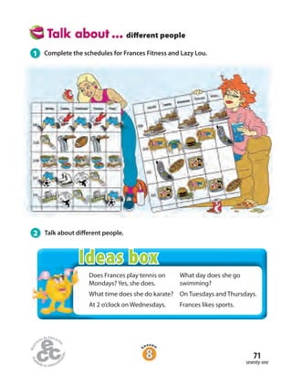 71
seventy-one
Does Frances play tennis on
Mondays? Yes, she does.
What time does she do karate?
At 2 o’clock on Wednesdays.
What day does she go
swimming?
On Tuesdays and Thursdays.
Frances likes sports.
diﬀerent people
1 Complete the schedules for Frances Fitness and Lazy Lou.
2 Talk about different people.
Ideas box
 