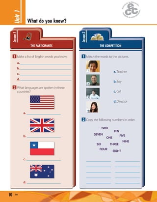 Unit1
What do you know?
10 ten
THE PARTICIPANTS
Lesson1
1 Make a list of English words you know.
a.
b.
c.
d.
2 What languages are spoken in these
countries?
a.
c.
b.
d.
THE COMPETITION
Lesson2
1 Match the words to the pictures.
a.Teacher
b.Boy
c. Girl
d.Director
1
2
4
3
2 Copy the following numbers in order.
TWO
SEVEN
SIX
TEN
ONE
NINE
FOUR
THREE
EIGHT
FIVE
_______________ _______________
_______________ _______________
_______________ _______________
_______________ _______________
_______________ _______________
 