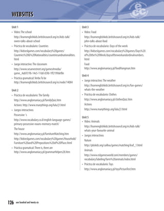 Unit1
• Video:Theschool
http://learnenglishkids.britishcouncil.org/es/kids-talk/
owen-talks-about-school
• Prácticadevocabulario:Countries
http://kidseslgames.com/vocabulary%20games/
Countries%20&%20Nationalities/countriesandnationalities.
html
• Juegointeractivo:Theclassroom
http://www.sesamestreet.org/games#media/
game_4ab931f6-14e5-11dd-83fd-1ff2199def8e
• Prácticagramatical:VerboTobe
http://learnenglishkids.britishcouncil.org/es/node/14084
Unit2
• Prácticadevocabulario:Thefamily
http://www.anglomaniacy.pl/familyQuiz.htm
Actions:http://www.manythings.org/lulu/j1.html
• Juegosinteractivos
Possessive ‘s
http://www.vocabulary.co.il/english-language-games/
primary-possessive-nouns-memory-match/
Thehouse
http://www.anglomaniacy.pl/furnitureMatching.htm
http://kidseslgames.com/vocabulary%20games/Household/
Furniture%20and%20Prepositions%20of%20Place.html
• Prácticagramatical:Thereis,thereare
http://www.anglomaniacy.pl/grammarHelpers28.htm
Unit3
• Video:Food
http://learnenglishkids.britishcouncil.org/es/kids-talk/
john-talks-about-food
• Práctica de vocabulario: Days of the week
http://kidseslgames.com/vocabulary%20games/Days%20
of%20the%20Week/daysoftheweekandordinalnumbers.
html
Food
http://www.anglomaniacy.pl/foodHangman.htm
Unit4
• Juegointeractivo:Theweather
http://learnenglishkids.britishcouncil.org/es/fun-games/
whats-the-weather
• Prácticadevocabulario:Clothes
http://www.anglomaniacy.pl/clothesQuiz.htm
Actions
http://www.manythings.org/lulu/j1.html
Unit5
• Video:Animals
http://learnenglishkids.britishcouncil.org/es/kids-talk/
whats-your-favourite-animal
• Juegosinteractivos
Nature
http://pbskids.org/caillou/games/matching/leaf_1.html
Animals
http://www.eslgamesworld.com/members/games/
vocabulary/labeling/farm%20animals/index.html
• Prácticadevocabulario:Toys
http://www.anglomaniacy.pl/toysPictureTest.htm
126 one hundred and twenty-six
WEBSITES
 