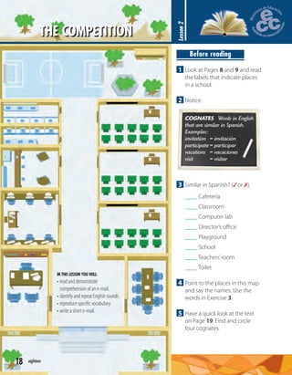 18 eighteen
Before reading
1 Look at Pages 8 and 9 and read
the labels that indicate places
in a school.
2 Notice.
COGNATES Words in English
that are similar in Spanish.
Examples:
invitation = invitación
participate= participar
vacations = vacaciones
visit = visitar
3 Similar in Spanish? (✓or ✗).
____ Cafeteria
____ Classroom
____ Computer lab
____ Director’s oﬃce
____ Playground
____ School
____ Teachers’room
____ Toilet
4 Point to the places in this map
and say the names. Use the
words in Exercise 3.
5 Have a quick look at the text
on Page 19. Find and circle
four cognates.
Lesson2
IN THIS LESSON YOU WILL:
• read and demonstrate
comprehension of an e-mail.
• identify and repeat English sounds.
• reproduce speciﬁc vocabulary.
• write a short e-mail.
THE COMPETITION
 