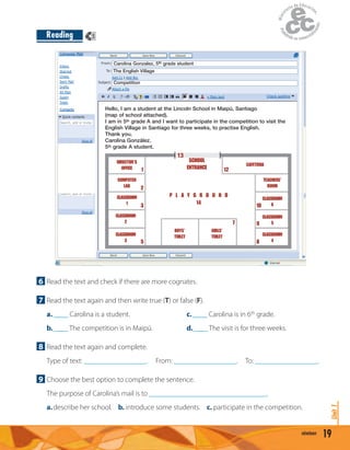 19nineteen
Unit1
6 Read the text and check if there are more cognates.
7 Read the text again and then write true (T) or false (F).
a.____ Carolina is a student. c.____ Carolina is in 6th grade.
b.____ The competition is in Maipú. d.____ The visit is for three weeks.
8 Read the text again and complete.
Type of text: _________________. From: _________________. To: _________________.
9 Choose the best option to complete the sentence.
The purpose of Carolina’s mail is to __________________________________.
a.describe her school. b. introduce some students. c. participate in the competition.
CAFETERIA
The English Village
Carolina Gonzalez, 5th grade student
Competition
Hello, I am a student at the Lincoln School in Maipú, Santiago
(map of school attached).
I am in 5th grade A and I want to participate in the competition to visit the
English Village in Santiago for three weeks, to practise English.
Thank you.
Carolina González.
5th grade A student.
SCHOOL
ENTRANCE
P L A Y G R O U N D
DIRECTOR’S
OFFICE 1
2
3
5
7
10
9
8
BOYS’
TOILET
GIRLS’
TOILET
COMPUTER
LAB
CLASSROOM
1
CLASSROOM
2
CLASSROOM
3
TEACHERS’
ROOM
CLASSROOM
6
CLASSROOM
5
CLASSROOM
4
12
13
14
Reading 5
 