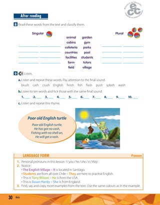 30 thirty
After reading
8 Read these words from the text and classify them.
animal
cabins
cafeteria
countries
facilities
farm
field
garden
gym
parks
pool
students
tutors
village
Singular Plural
9 13 Listen.
a.Listen and repeat these words. Pay attention to the ﬁnal sound.
brush cash crush English ﬁnish ﬁsh ﬂash push splash wash
b.Listen to ten words and tick those with the same ﬁnal sound.
1. ___ 2. ___ 3. ___ 4. ___ 5. ___ 6. ___ 7. ___ 8. ___ 9. ___ 10. ___
c. Listen and repeat this rhyme.
Poor old English turtle
Poor old English turtle,
He has got no cash,
Fishing with no shell on,
He will get a rash.
LANGUAGE FORM Pronouns
1. Personal pronouns in this lesson: I / you / he / she / it / they.
2. Notice:
· The English Village – It is located in Santiago.
· Students are from all over Chile – They are here to practise English.
· This is Tony Wilson – He is from the USA.
· This is Susan Hardy – She is from England.
3. Find, say and copy more examples from the text. Use the same colours as in the example.
 