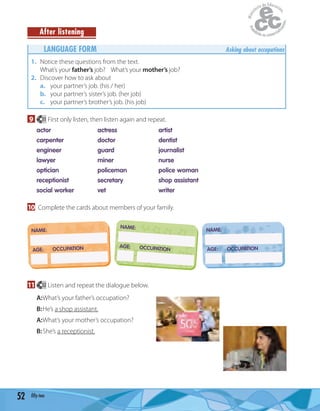 52 fifty-two
After listening
LANGUAGE FORM Asking about occupations
1. Notice these questions from the text.
What’s your father’s job? What’s your mother’s job?
2. Discover how to ask about
a. your partner’s job. (his / her)
b. your partner’s sister’s job. (her job)
c. your partner’s brother’s job. (his job)
9 31 First only listen, then listen again and repeat.
actor actress artist
carpenter doctor dentist
engineer guard journalist
lawyer miner nurse
optician policeman police woman
receptionist secretary shop assistant
social worker vet writer
10 Complete the cards about members of your family.
NAME:
AGE: OCCUPATION
NAME:
AGE: OCCUPATION
NAME:
AGE: OCCUPATION
11 32 Listen and repeat the dialogue below.
A:What’s your father’s occupation?
B:He’s a shop assistant.
A:What’s your mother’s occupation?
B:She’s a receptionist.
 