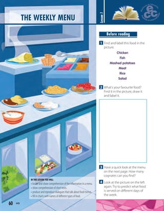 Lesson1
3 Have a quick look at the menu
on the next page. How many
cognates can you ﬁnd?
4 Look at the picture on the left
again. Try to predict what food
is served on diﬀerent days of
the week.
1 Find and label this food in the
picture.
Chicken
Fish
Mashed potatoes
Meat
Rice
Salad
2 What's your favourite food?
Find it in the picture, draw it
and label it.
Before reading
THE WEEKLY MENU
60 sixty
IN THIS LESSON YOU WILL:
• locate and show comprehension of the information in a menu.
• show comprehension of short texts.
• produce and reproduce dialogues that talk about food menus.
• ﬁll in charts with names of diﬀerent types of food.
 